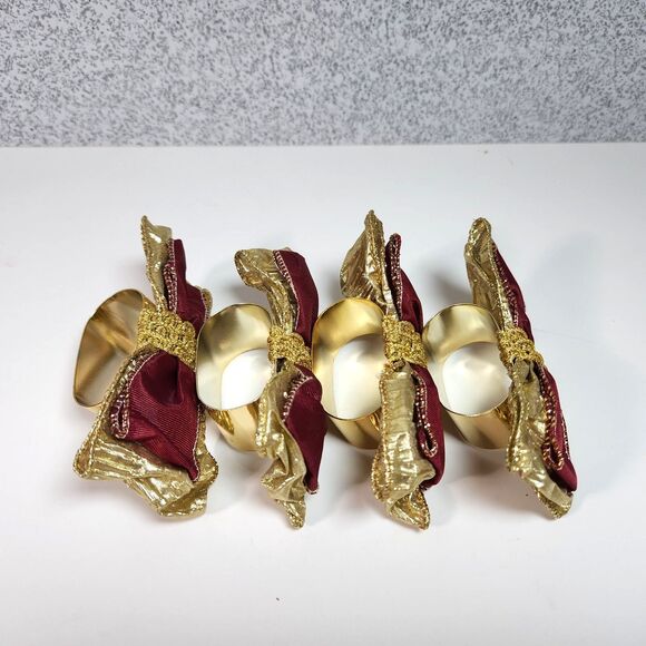 Vintage Brass & Fabric Bow Napkin Rings Deep Red Gold Taiwan - Picture 4 of 5